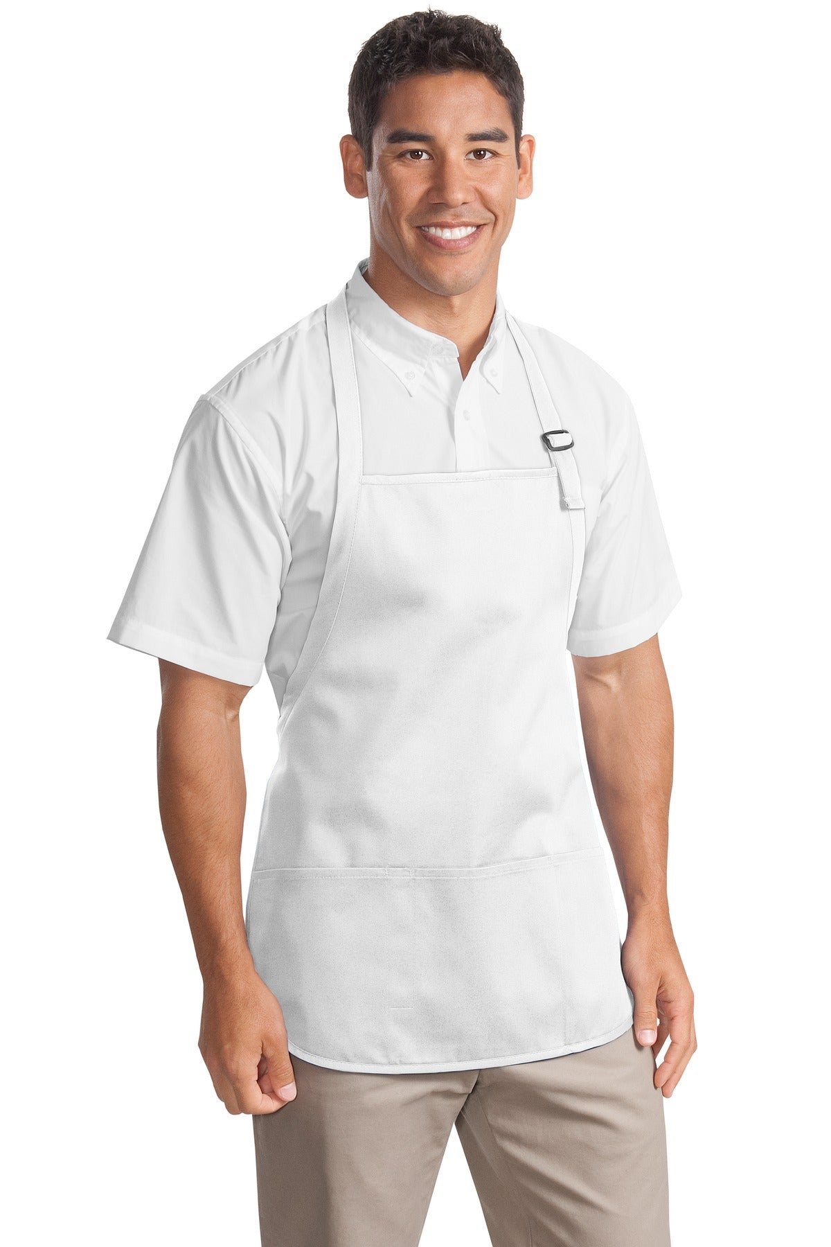 This versatile apron offers stain-release protection.7-ounce - White