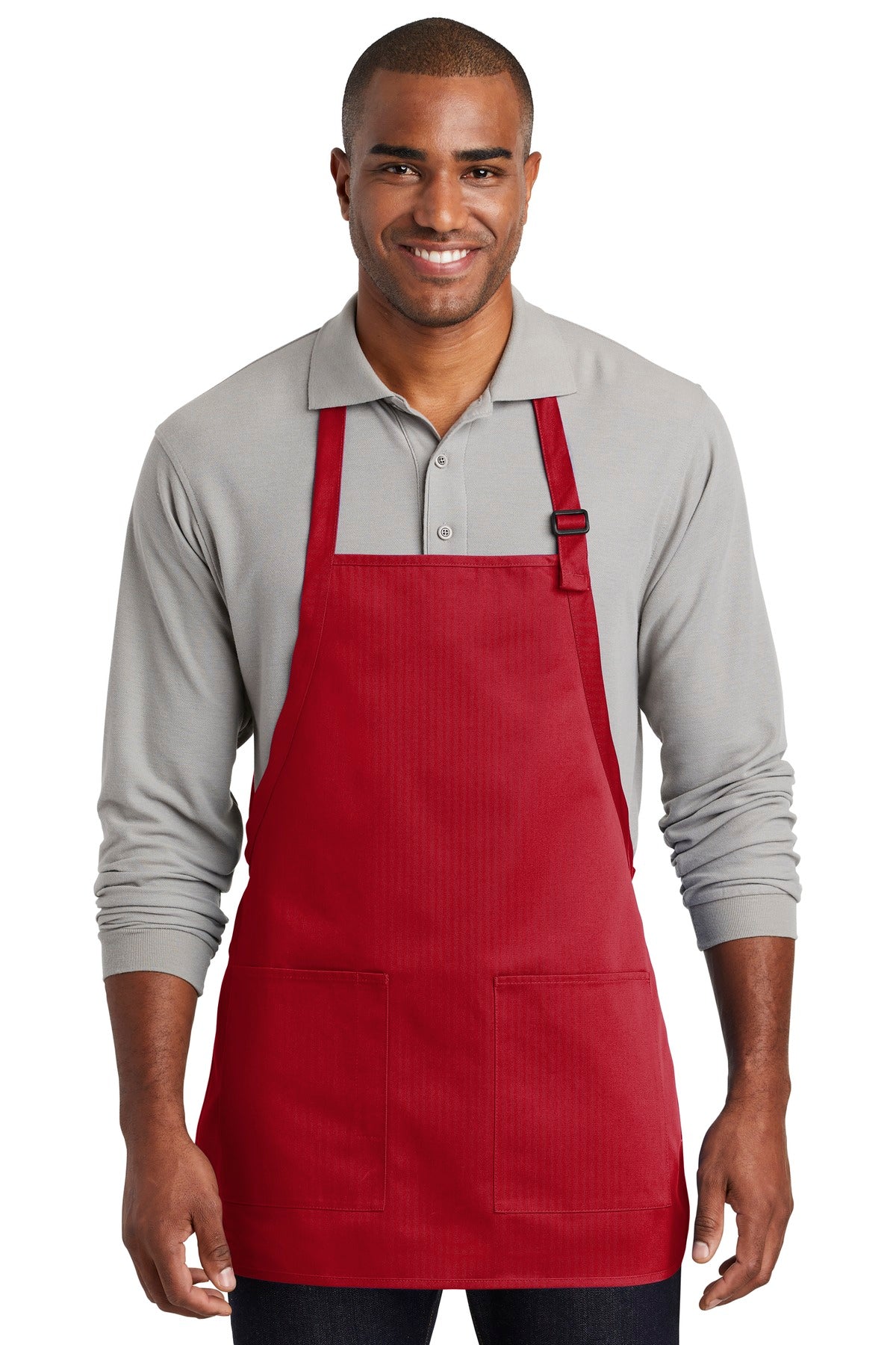 Stay looking neat and clean in this durable apron that featu - Red