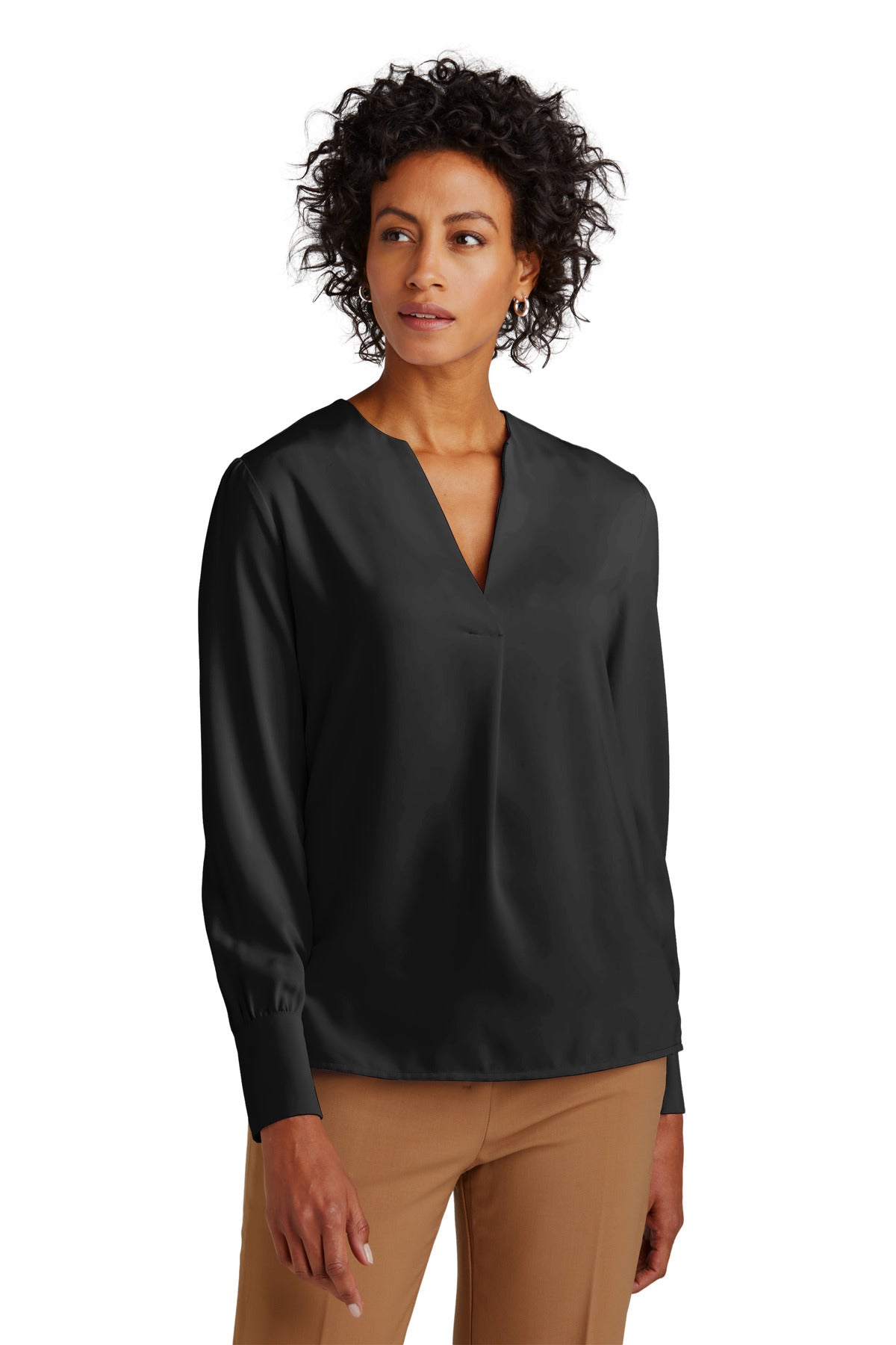 The soft satin fabric of this versatile blouse has a subtle - Deep Black