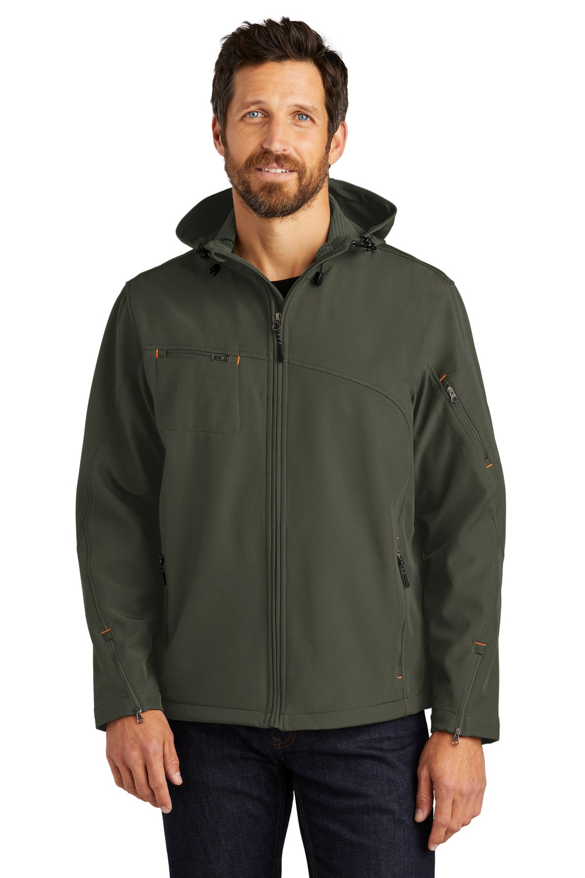 Our hooded soft shell stands up to the elementsand stands ou - Mineral Green/ Soft Orange