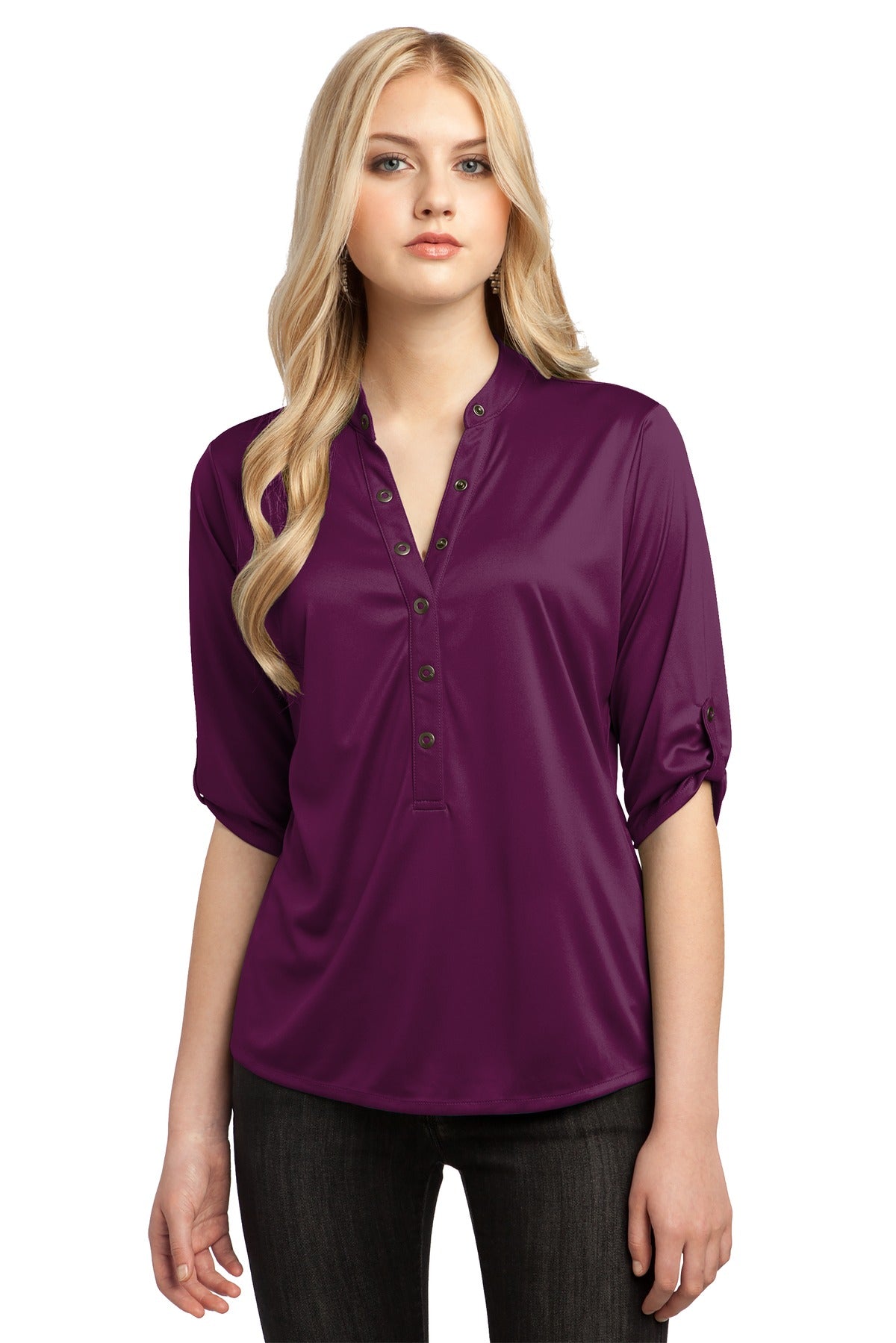With its 3/4 sleeves and unique sleeve tabs you'll have a cr - Purple Luxe