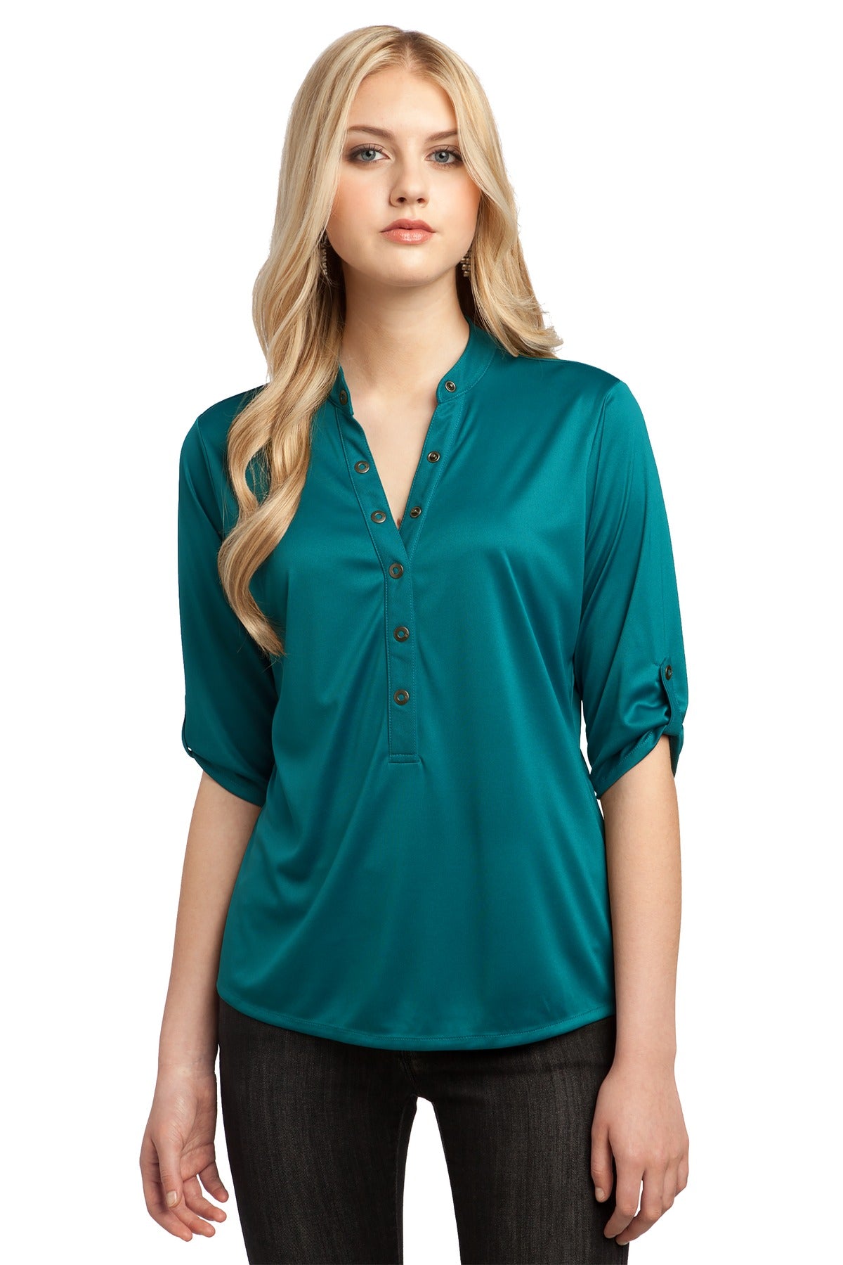 With its 3/4 sleeves and unique sleeve tabs you'll have a cr - Torque Teal