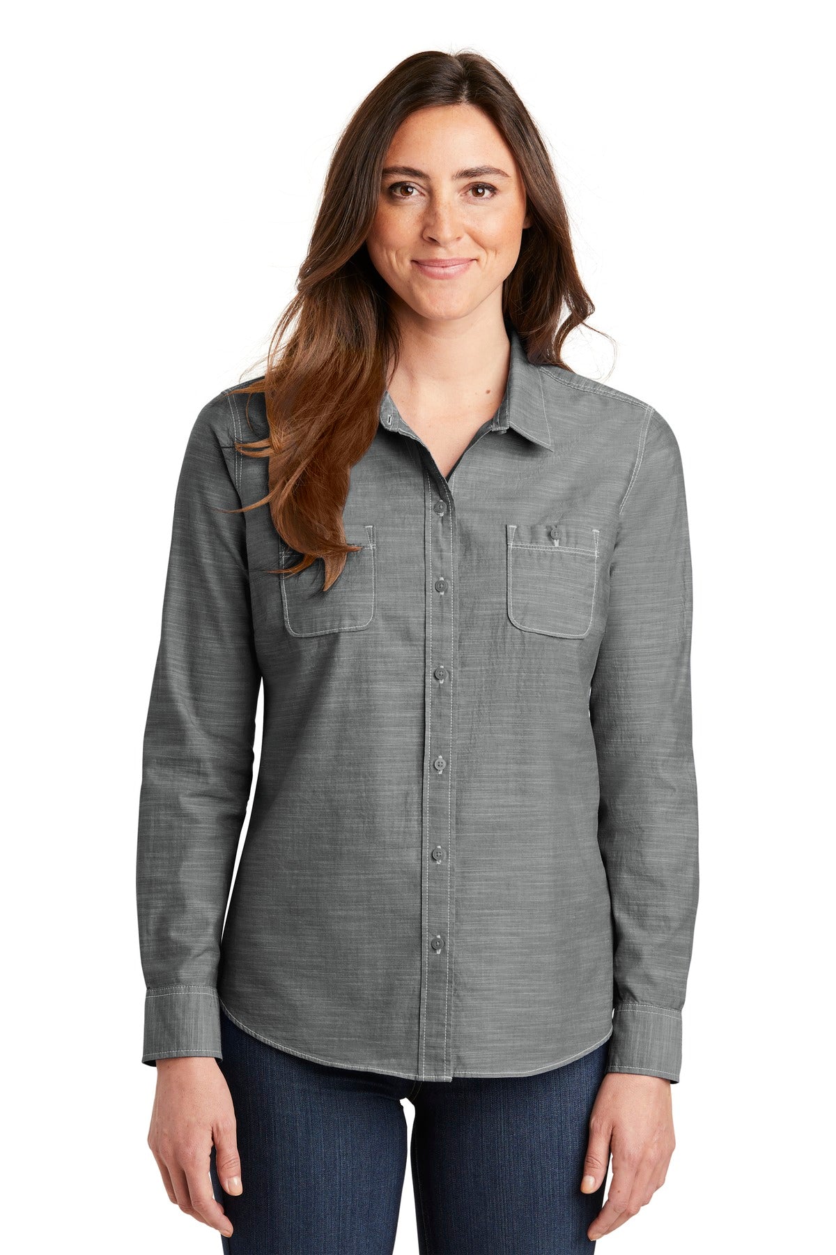 Washed chambray and off-white contrast stitching give this c - Grey