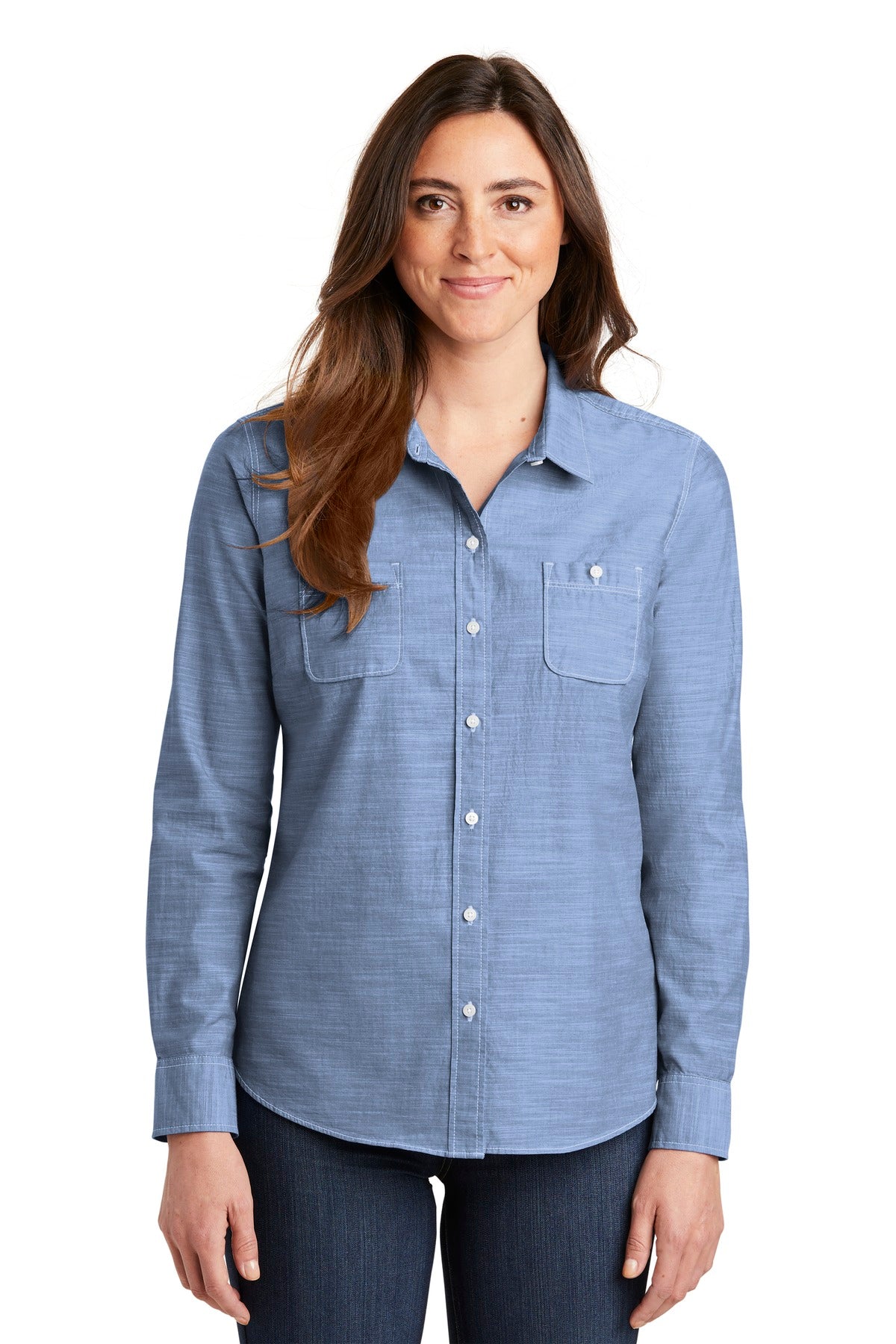 Washed chambray and off-white contrast stitching give this c - Light Blue