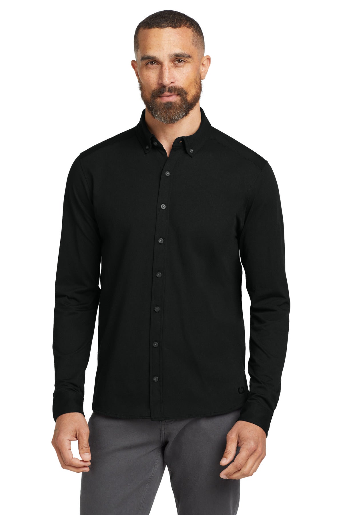 With moisture-wicking and stretch this performance knit shir - Blacktop