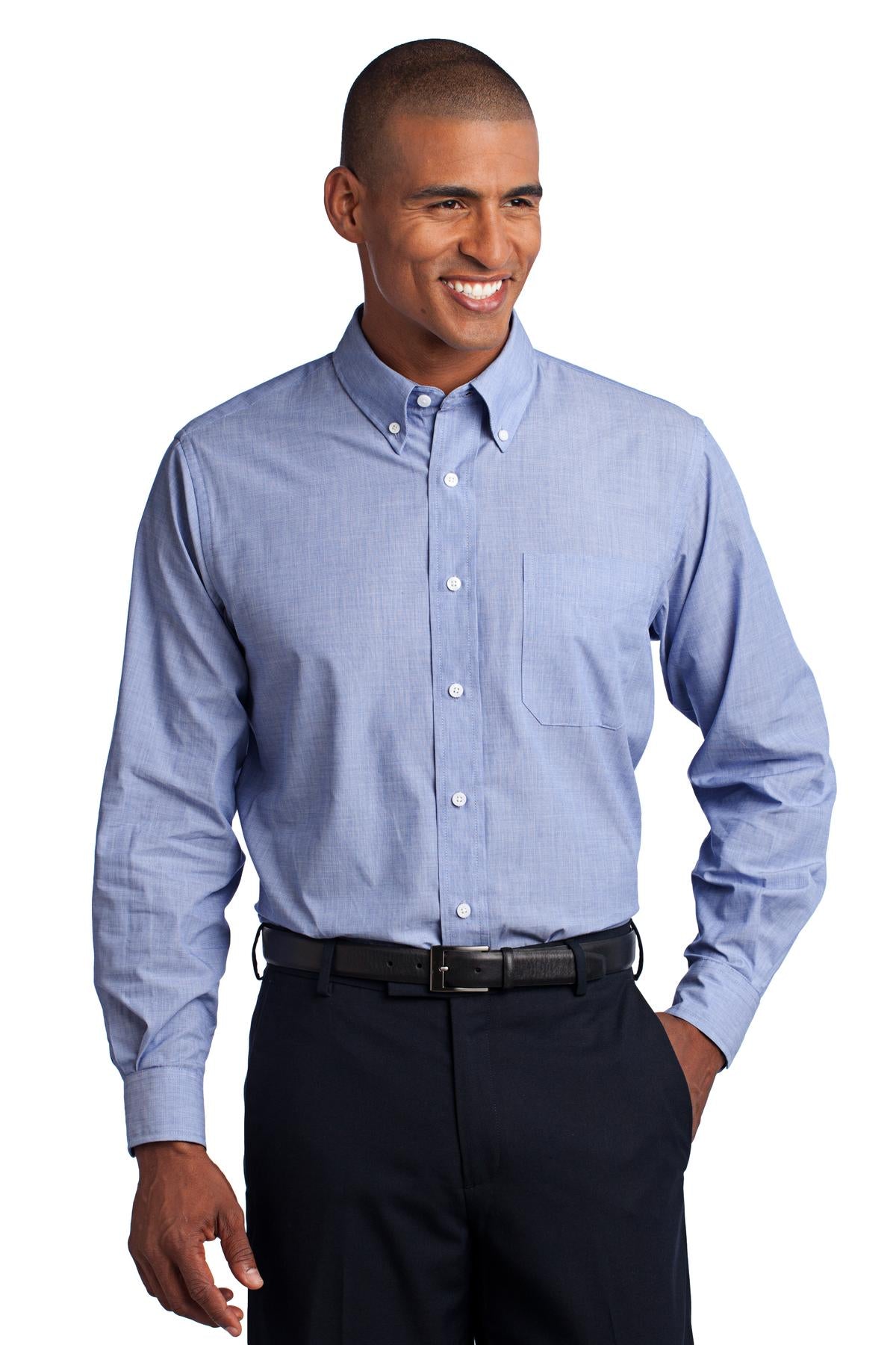 With a beautiful two-color weave--not to mention wrinkle res - Chambray Blue