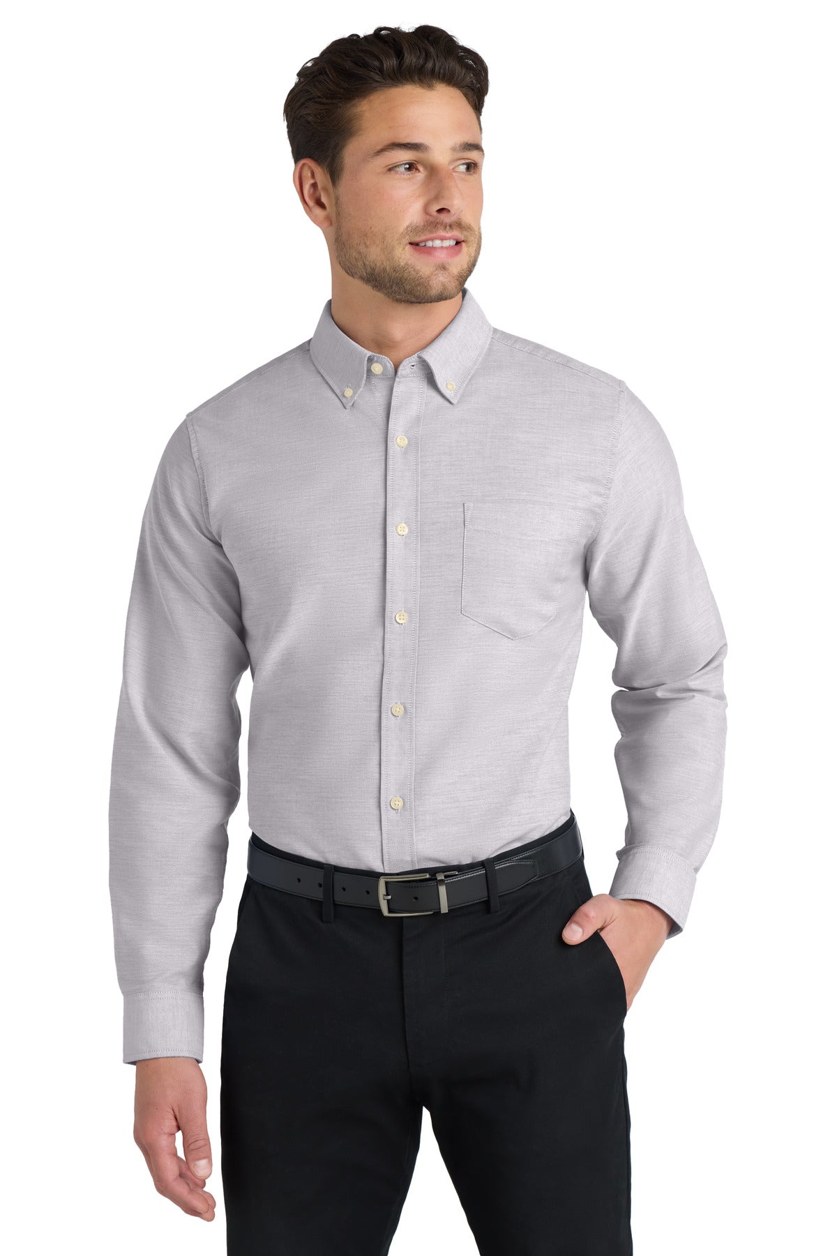 Look your best in a tried-and-true oxford that performs. Des - Gusty Grey