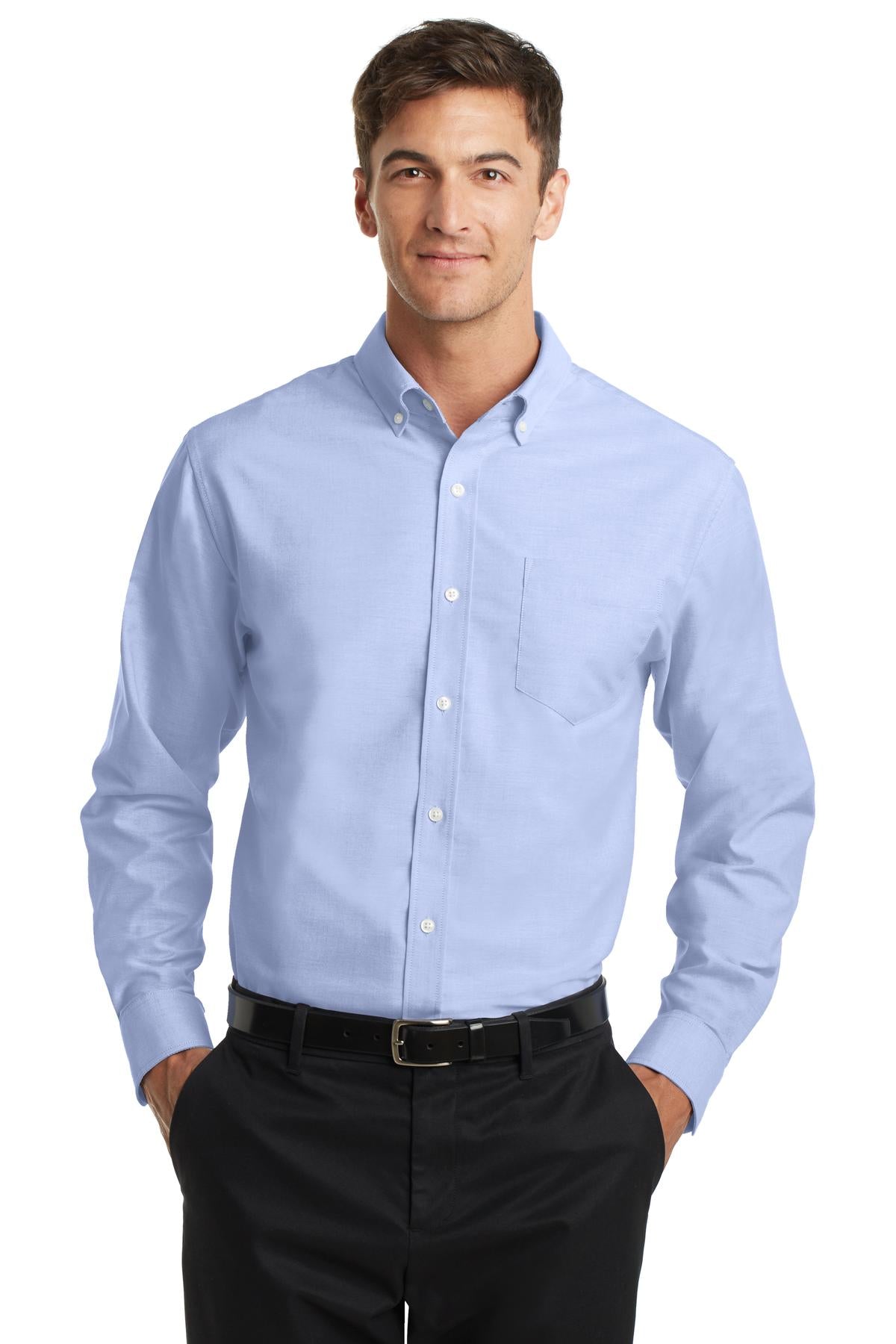 Look your best in a tried-and-true oxford that performs. Des - Oxford Blue
