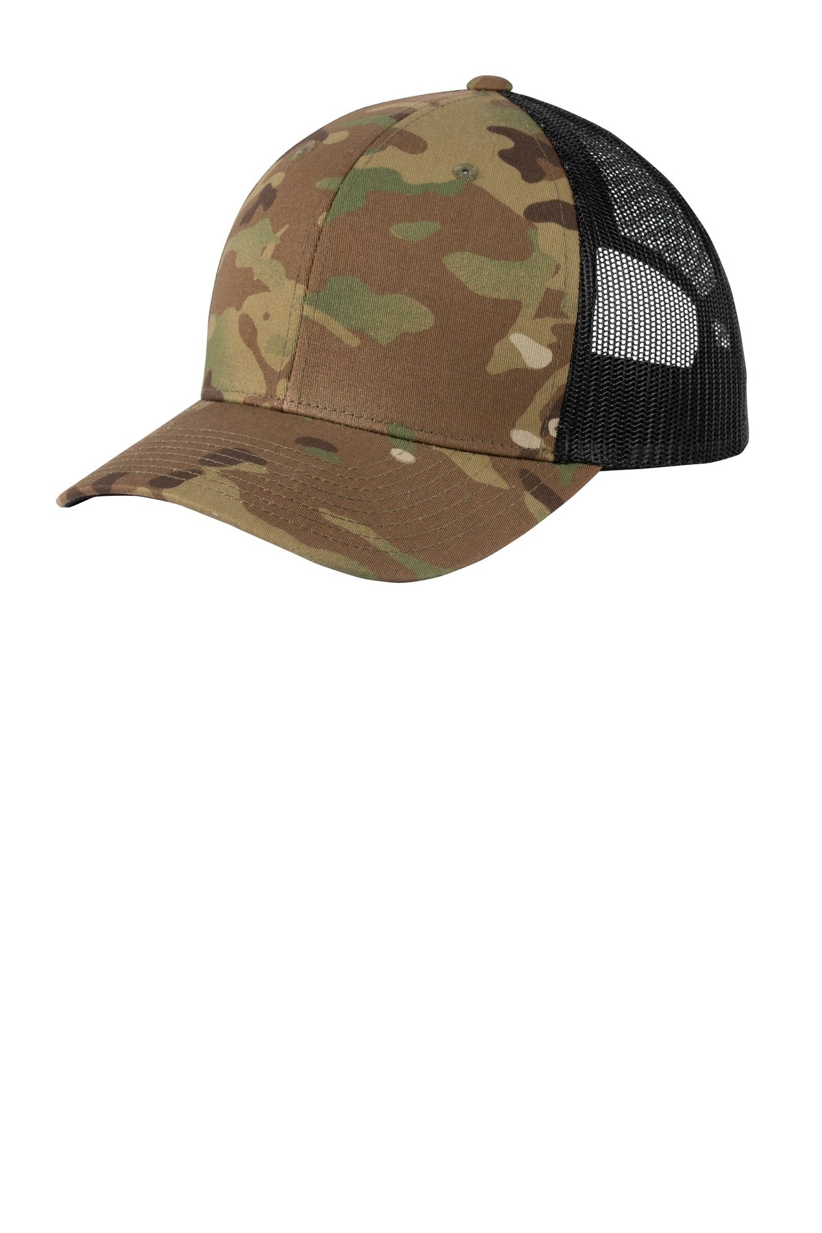 Fabric: 60/40 cotton/poly front panels; 100% polyester mesh back panels 98/2 cotton/spandex front pa