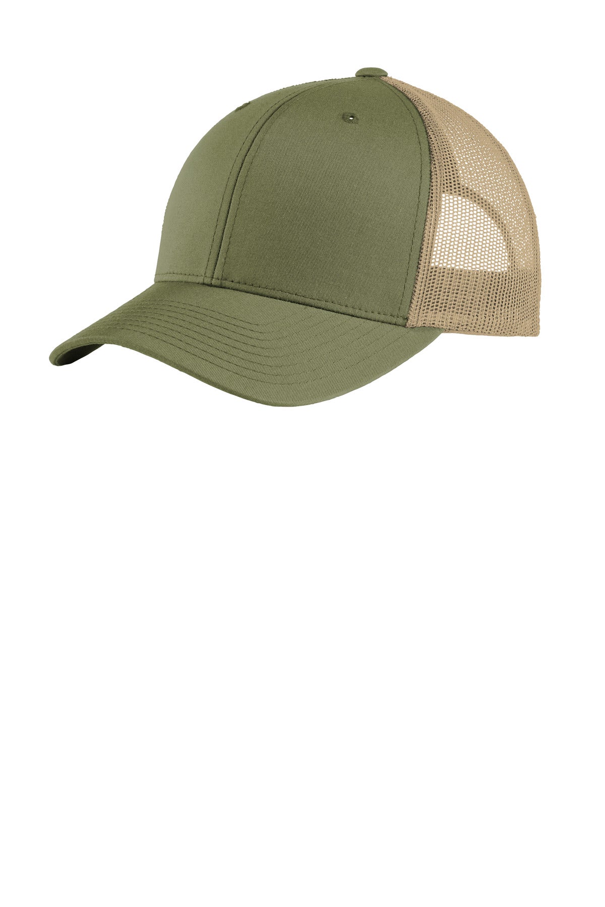 Fabric: 60/40 cotton/poly front panels; 100% polyester mesh back panels 98/2 cotton/spandex front pa
