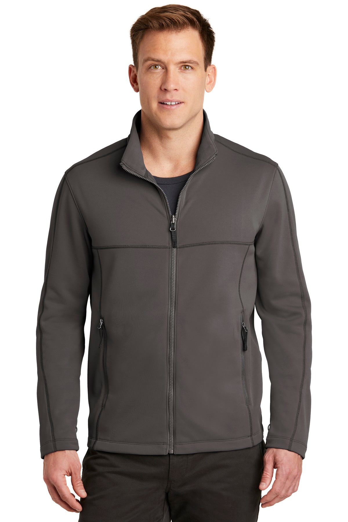 A smooth face brushed back and contrast coverstitching make  - Graphite