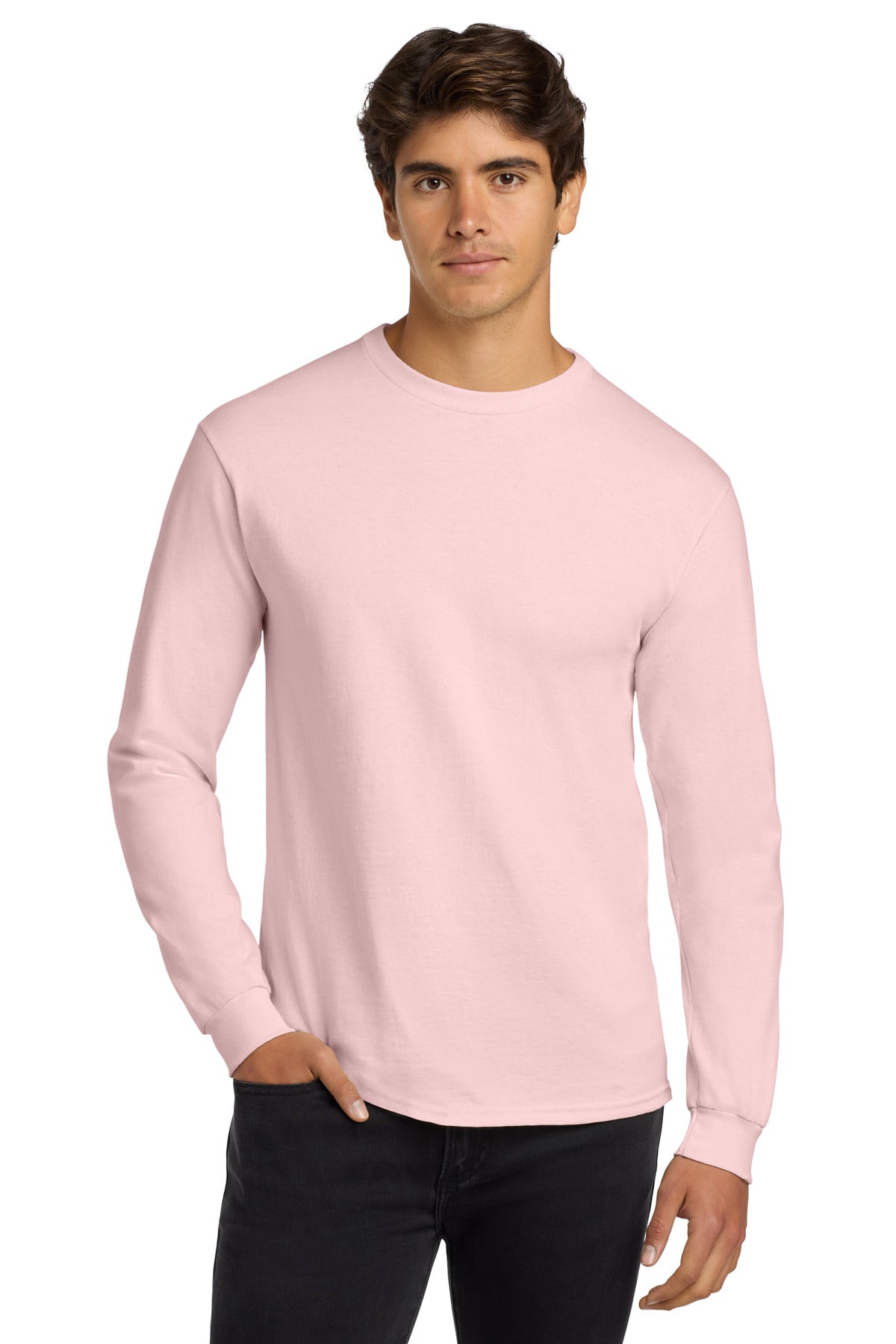 6-ounce 100% US cotton50/50 cotton/poly (Dark heather Safety - Light Pink