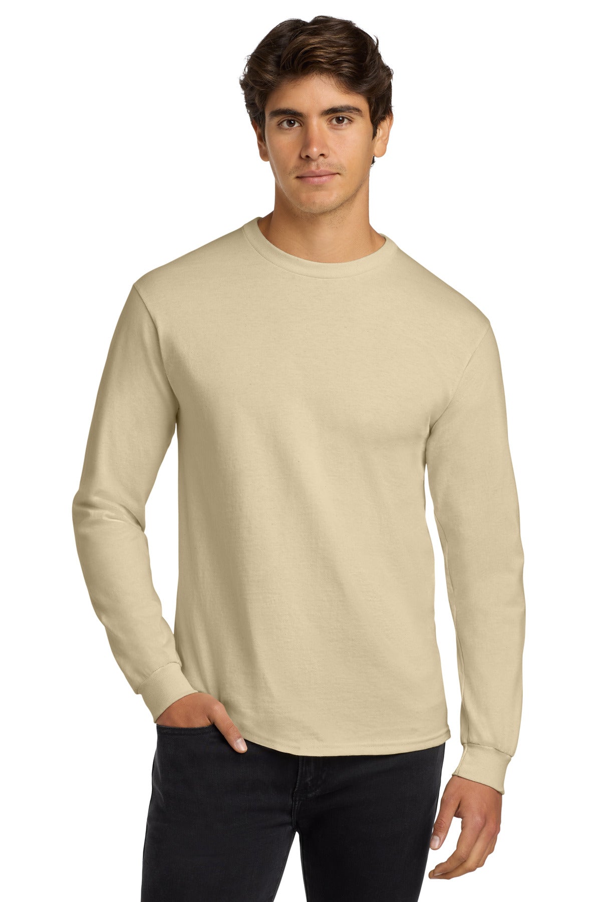 6-ounce 100% US cotton50/50 cotton/poly (Dark heather Safety - Sand