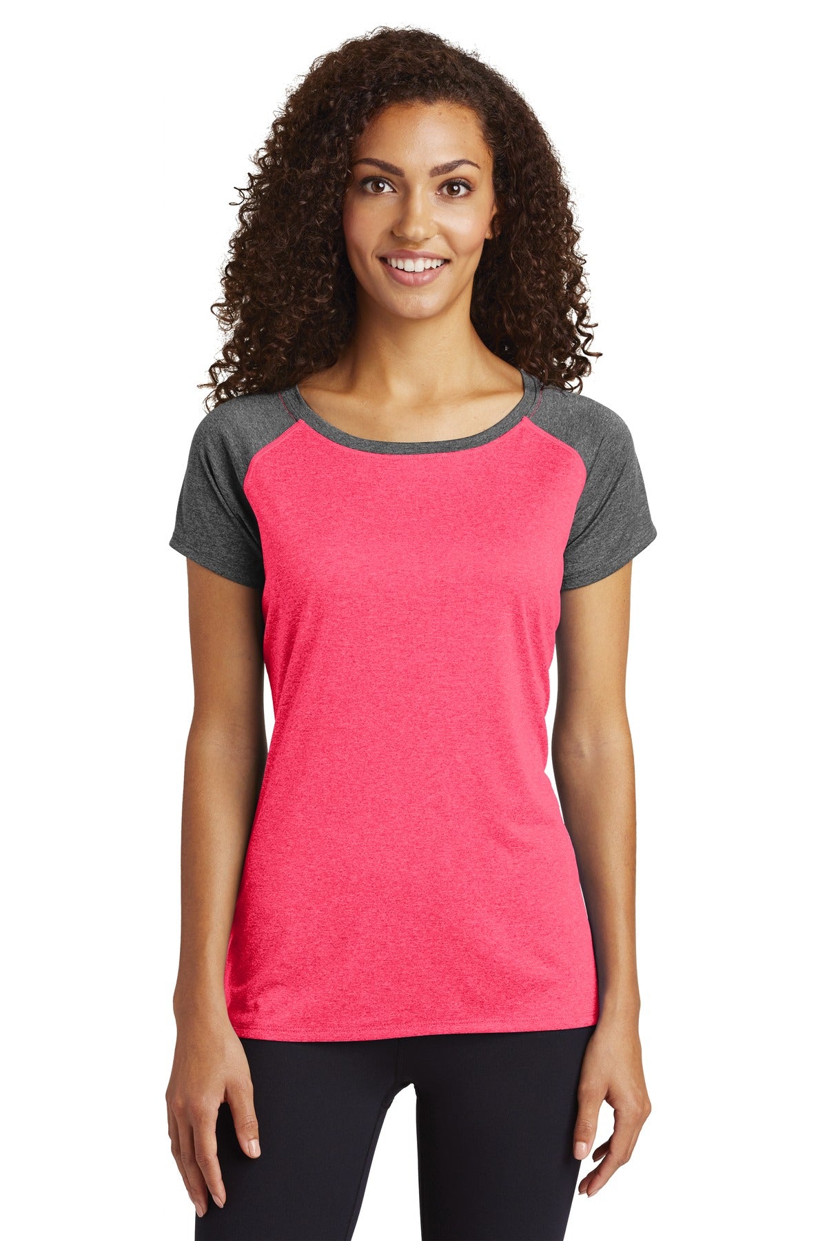 This moisture-wicking snag-resistant tee combines two heathe - Pink Raspberry Heather/ Graphite Heather