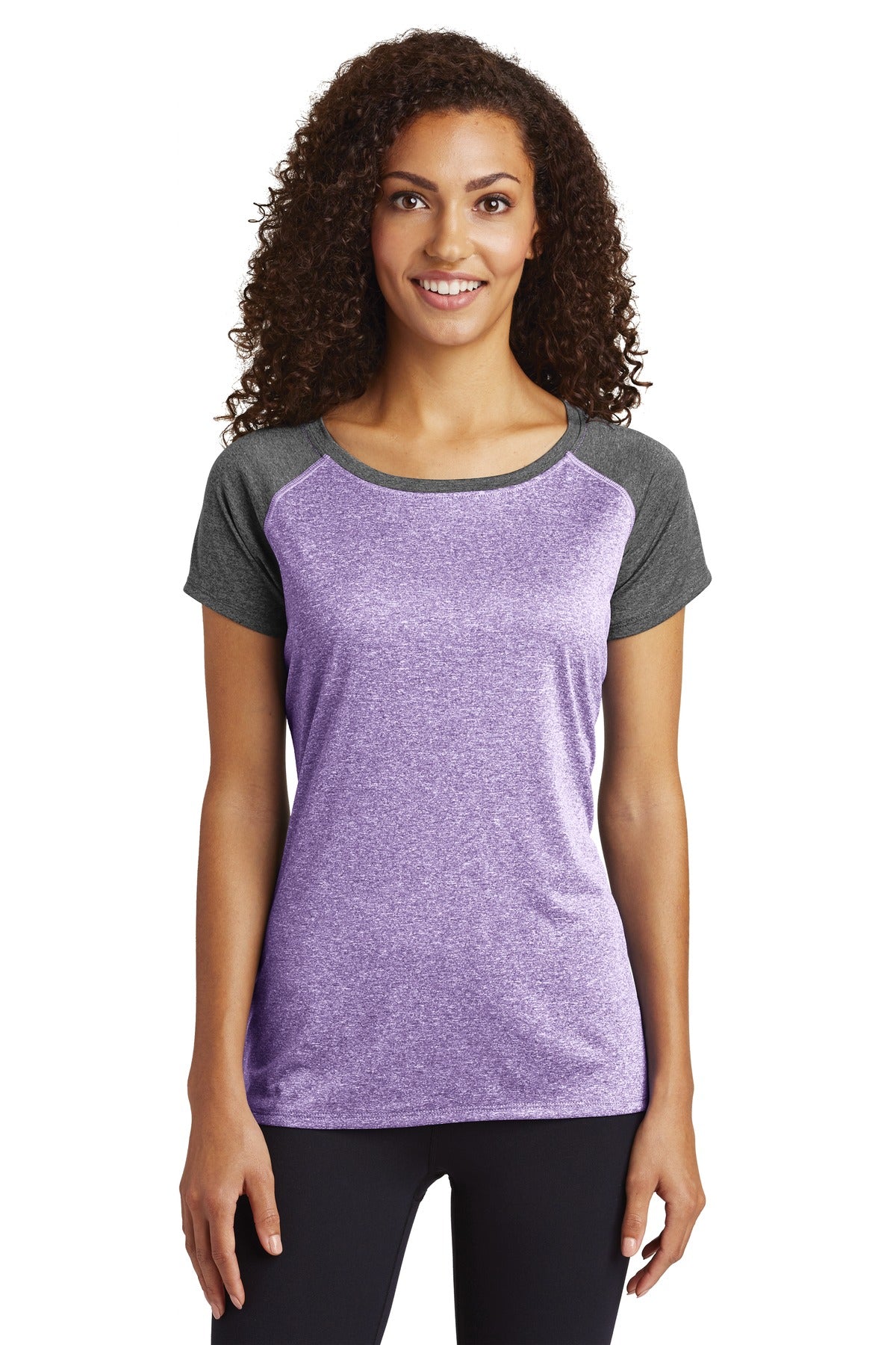 This moisture-wicking snag-resistant tee combines two heathe - Purple Heather/ Graphite Heather