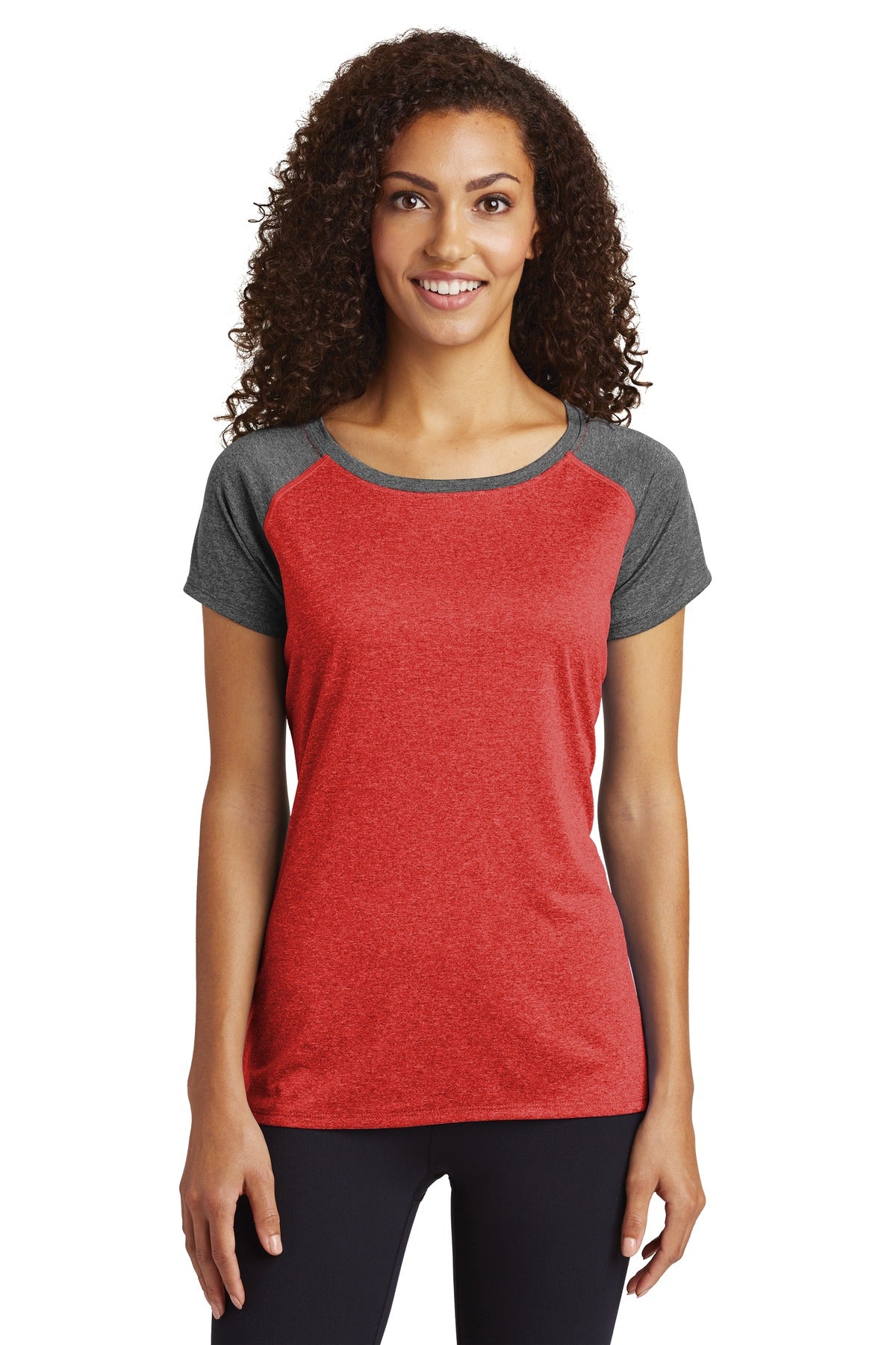 This moisture-wicking snag-resistant tee combines two heathe - Scarlet Heather/ Graphite Heather