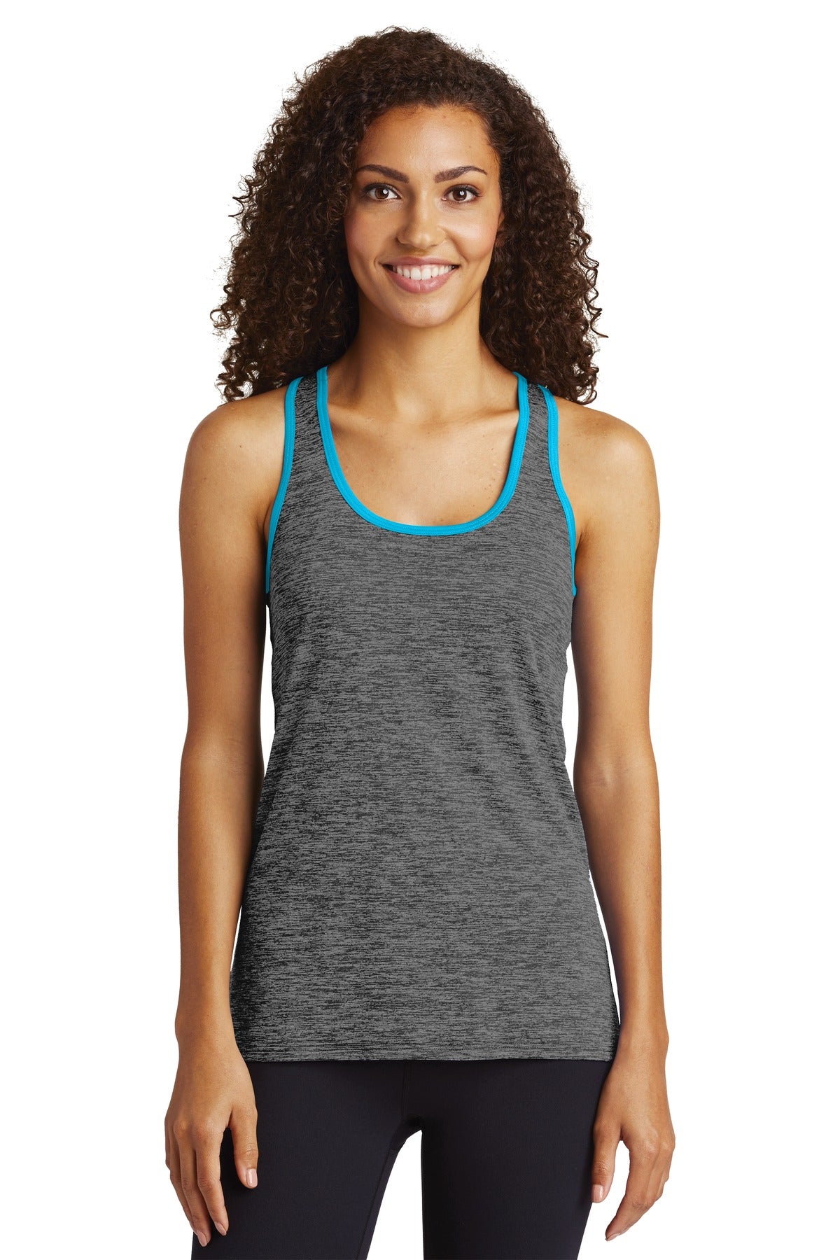 Our color-locking tank has a soft hand wicks moisture resist - Grey-Black/ Atomic Blue
