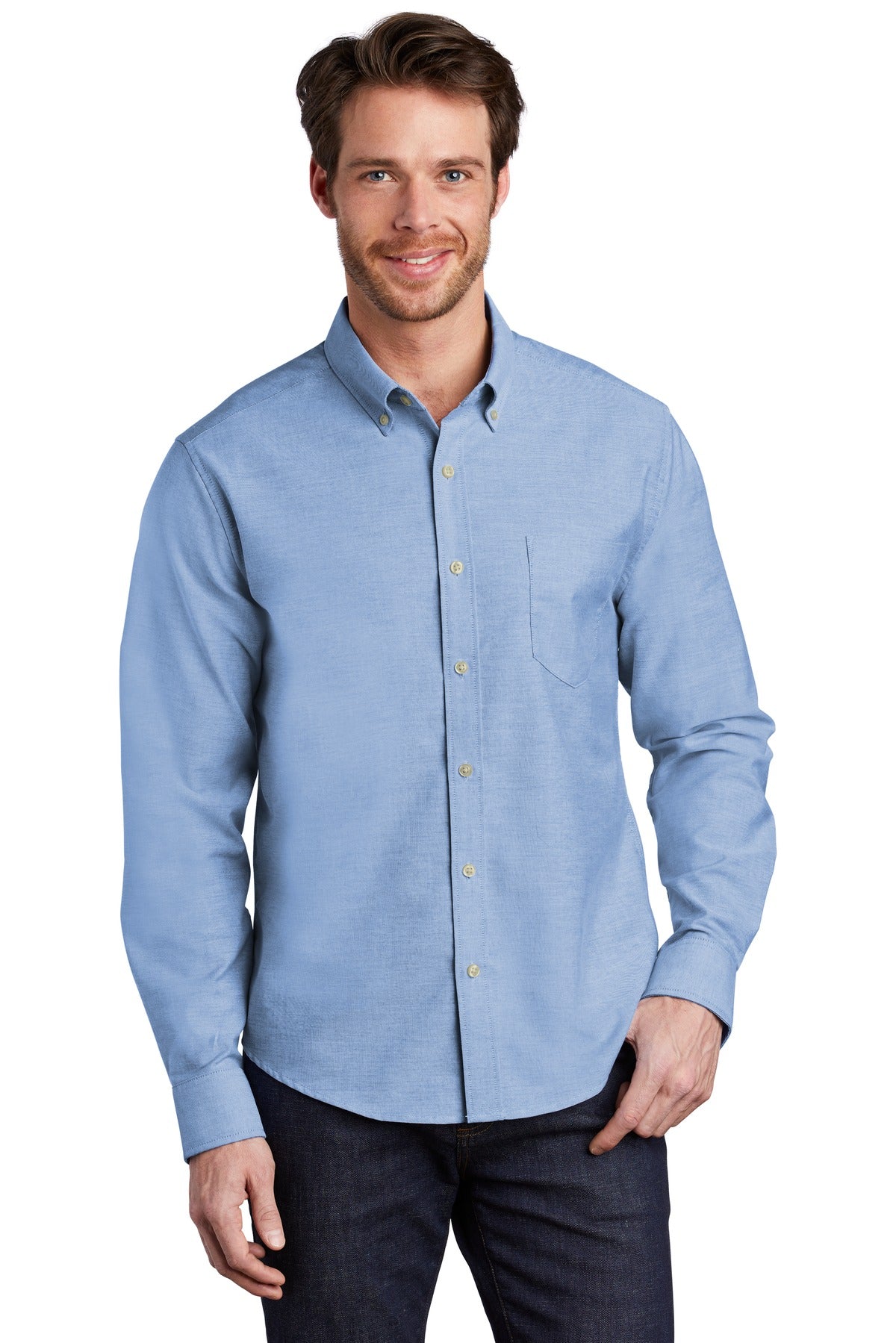 Look your best in a tried-and-true oxford that performs. Des - Oxford Blue