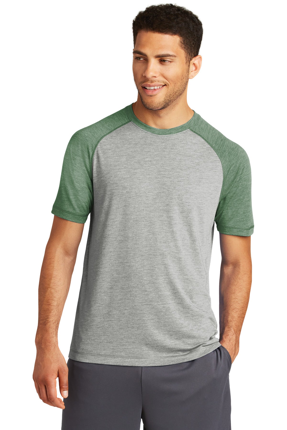 This ultracomfortable tee combines moisture-wicking performa - Forest Green Heather/ Light Grey Heather